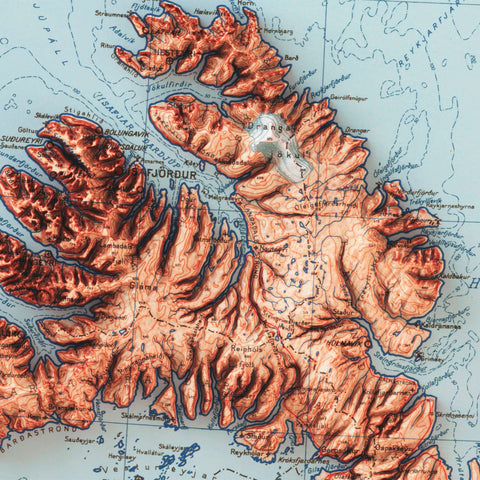 Iceland, Topographic map - 1963, 2D printed shaded relief map with 3D effect of a 1963 topographic map of Iceland. Shop our beautiful fine art printed maps on supreme Cotton paper. Vintage maps digitally restored and enhanced with a 3D effect. VizCart from Vizart