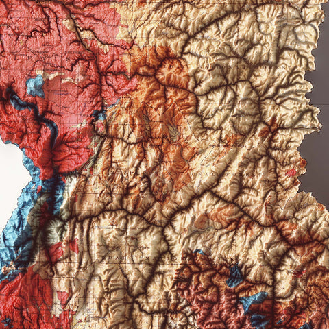 Idaho (USA), Geological map - 1947, 2D printed shaded relief map with 3D effect of a 1947 geological map of Idaho (USA). Shop our beautiful fine art printed maps on supreme Cotton paper. Vintage maps digitally restored and enhanced with a 3D effect. VizCart from Vizart