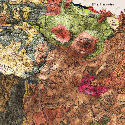 Ischia (Italy), Geological map - 1873, 2D printed shaded relief map with 3D effect of a 1873 geological map of Ischia (Italy). Shop our beautiful fine art printed maps on supreme Cotton paper. Vintage maps digitally restored and enhanced with a 3D effect. VizCart from Vizart