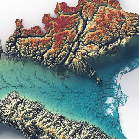Italy, Elevation tint - Spectral, 2D printed shaded relief map with 3D effect of Italy with spectral hypsometric tint. Shop our beautiful fine art printed maps on supreme Cotton paper. Vintage maps digitally restored and enhanced with a 3D effect. VizCart from Vizart