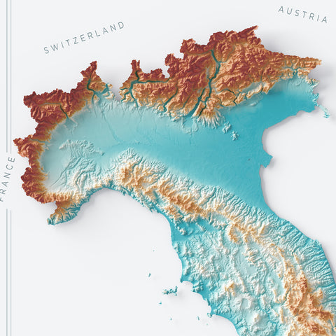 Italy spectral shaded relief elevation map printed on fine art paper close-up