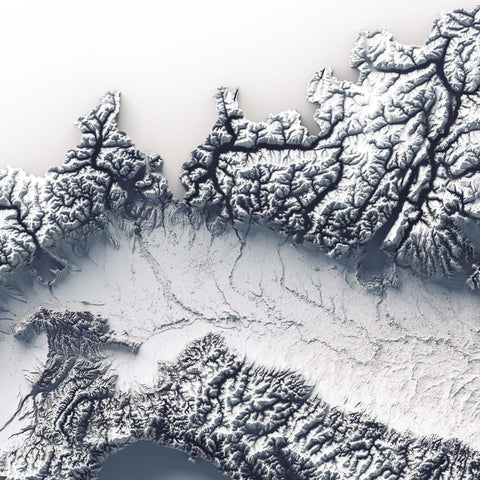 Italy, Elevation tint - White, 2D printed shaded relief map with 3D effect of Italy with white hypsometric tint. Shop our beautiful fine art printed maps on supreme Cotton paper. Vintage maps digitally restored and enhanced with a 3D effect. VizCart from Vizart