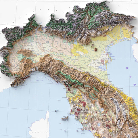 Italy 1966 soil restored antique shaded relief map print on fine art paper close-up