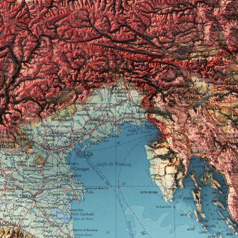 Italy, Topographic map - 1967, 2D printed shaded relief map with 3D effect of a 1967 topographic map of Italy. Shop our beautiful fine art printed maps on supreme Cotton paper. Vintage maps digitally restored and enhanced with a 3D effect. VizCart from Vizart