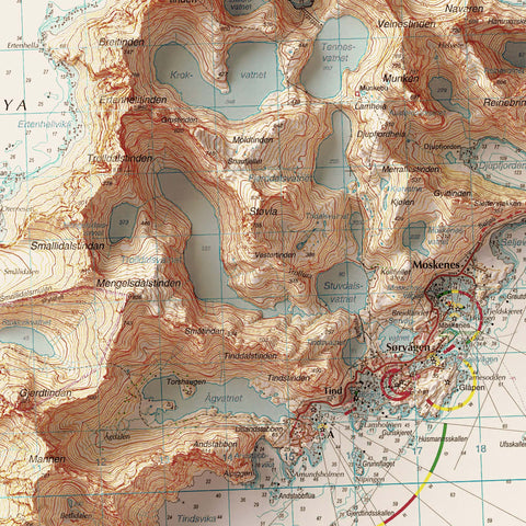 Lofotodden (Lofoten Islands, Norway), Topographic map - 2009, 2D printed shaded relief map with 3D effect of a 1952 topographic map of Flakstad (Lofoten Islands, Norway). Shop our beautiful fine art printed maps on supreme Cotton paper. Vintage maps digitally restored and enhanced with a 3D effect. VizCart from Vizart