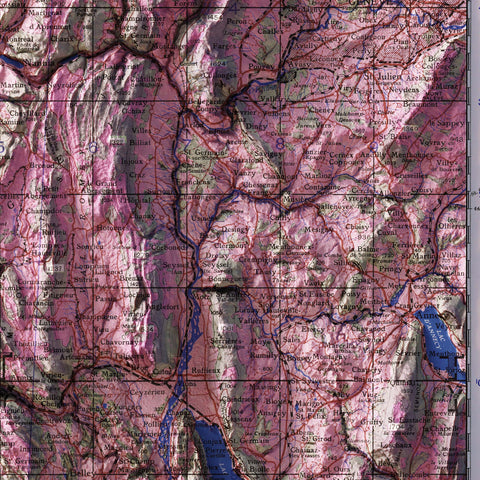 Lyon (France) 1943 topographic restored antique shaded relief map print on fine art paper close-up