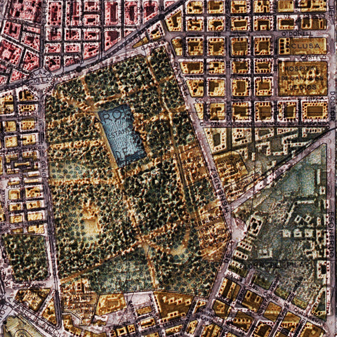 Madrid (Spain), City map - 1940, 2D printed shaded relief map with 3D effect of a 1940 city map of Madrid. Shop our beautiful fine art printed maps on supreme Cotton paper. Vintage maps digitally restored and enhanced with a 3D effect. VizCart from Vizart