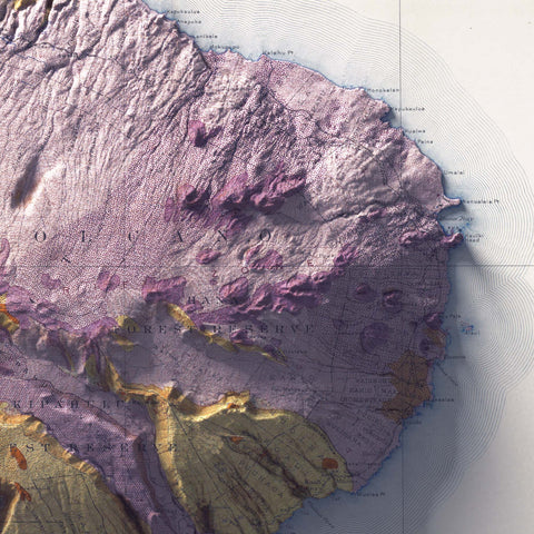 Maui (Hawaii, USA), Geological map - 1942, 2D printed shaded relief map with 3D effect of a 1942 geological map of Maui (Hawaii, USA). Shop our beautiful fine art printed maps on supreme Cotton paper. Vintage maps digitally restored and enhanced with a 3D effect. VizCart from Vizart