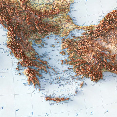 Mediterranean Sea, Topographic map - 1937, 2D printed shaded relief map with 3D effect of a 1937 topographic map of Mediterranean Sea. Shop our beautiful fine art printed maps on supreme Cotton paper. Vintage maps digitally restored and enhanced with a 3D effect. VizCart from Vizart