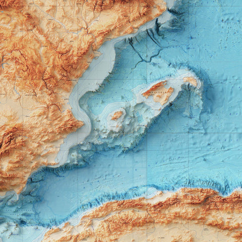 Mediterranean Sea Bathymetric, Topographic map - 1981, 2D printed shaded relief map with 3D effect of a 1981 topographic map of Mediterranean Sea with bathyimetric. Shop our beautiful fine art printed maps on supreme Cotton paper. Vintage maps digitally restored and enhanced with a 3D effect. VizCart from Vizart