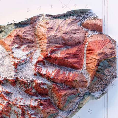 Mt Blanc, Geological map - 1898, 2D printed shaded relief map with 3D effect of a 1898 geological map of Mt Blanc. Shop our beautiful fine art printed maps on supreme Cotton paper. Vintage maps digitally restored and enhanced with a 3D effect. VizCart from Vizart