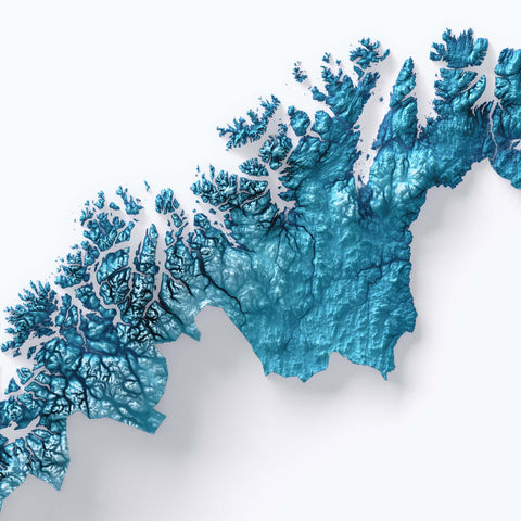 Norway, Elevation tint - Deep Blue, 2D printed shaded relief map with 3D effect of Europe with deep blue hypsometric tint. Shop our beautiful fine art printed maps on supreme Cotton paper. Vintage maps digitally restored and enhanced with a 3D effect. VizCart from Vizart