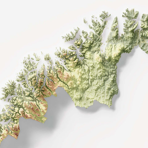 Norway, Elevation tint - Geo, 2D printed shaded relief map with 3D effect of Europe with geo hypsometric tint. Shop our beautiful fine art printed maps on supreme Cotton paper. Vintage maps digitally restored and enhanced with a 3D effect. VizCart from Vizart
