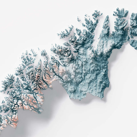Norway, Elevation tint - Irid, 2D printed shaded relief map with 3D effect of Europe with irid hypsometric tint. Shop our beautiful fine art printed maps on supreme Cotton paper. Vintage maps digitally restored and enhanced with a 3D effect. VizCart from Vizart