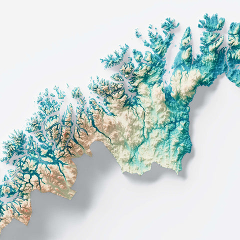 Norway, Elevation tint - Spectral, 2D printed shaded relief map with 3D effect of Europe with spectral hypsometric tint. Shop our beautiful fine art printed maps on supreme Cotton paper. Vintage maps digitally restored and enhanced with a 3D effect. VizCart from Vizart