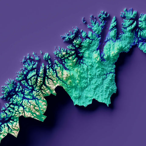 Norway, Elevation tint - Viridis, 2D printed shaded relief map with 3D effect of Europe with virid hypsometric tint. Shop our beautiful fine art printed maps on supreme Cotton paper. Vintage maps digitally restored and enhanced with a 3D effect. VizCart from Vizart