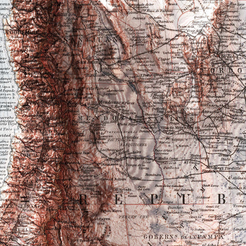 Patagonia, Topographic map - 1925, 2D printed shaded relief map with 3D effect of a 1925 topographic map of Patagonia. Shop our beautiful fine art printed maps on supreme Cotton paper. Vintage maps digitally restored and enhanced with a 3D effect. VizCart from Vizart