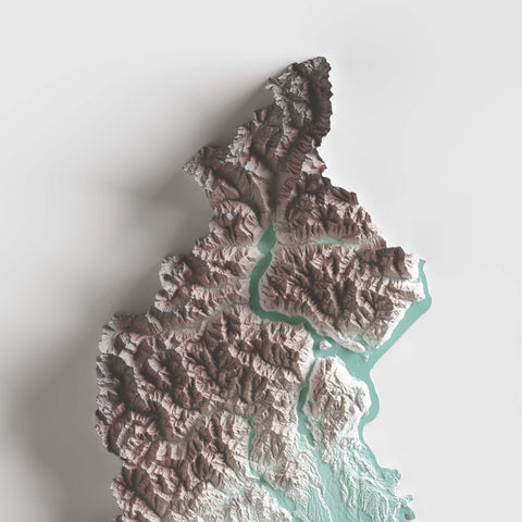 Piedmont (Italy), Elevation tint - Petrol, 2D printed shaded relief map with 3D effect of Piedmont (Italy) with petrol hypsometric tint. Shop our beautiful fine art printed maps on supreme Cotton paper. Vintage maps digitally restored and enhanced with a 3D effect. VizCart from Vizart