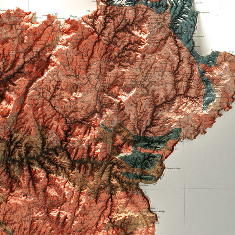 Portugal, Geological map - 1899, 2D printed shaded relief map with 3D effect of a 1899 geological map of Portugal. Shop our beautiful fine art printed maps on supreme Cotton paper. Vintage maps digitally restored and enhanced with a 3D effect. VizCart from Vizart