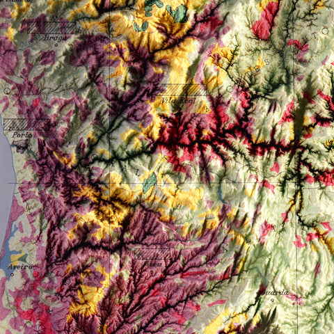Portugal, Soil map - 1958, 2D printed shaded relief map with 3D effect of a 1958 soil map of Portugal. Shop our beautiful fine art printed maps on supreme Cotton paper. Vintage maps digitally restored and enhanced with a 3D effect. VizCart from Vizart