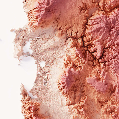 Sardinia (Italy), Elevation tint - Coral, 2D printed shaded relief map with 3D effect of Sardinia (Italy) with coral hypsometric tint. Shop our beautiful fine art printed maps on supreme Cotton paper. Vintage maps digitally restored and enhanced with a 3D effect. VizCart from Vizart