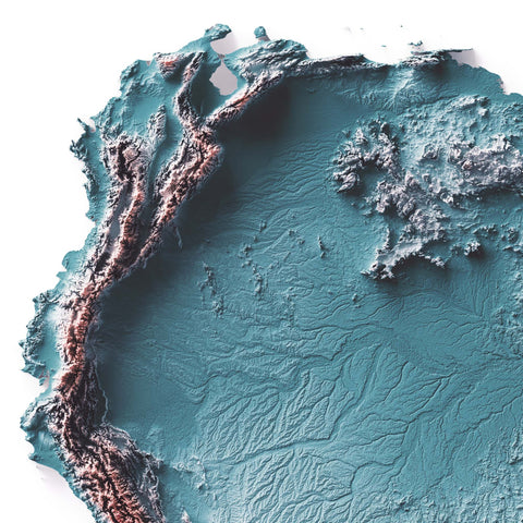 South America, Elevation tint - Irid, 2D printed shaded relief map with 3D effect of South America with irid tint. Shop our beautiful fine art printed maps on supreme Cotton paper. Vintage maps digitally restored and enhanced with a 3D effect. VizCart from Vizart
