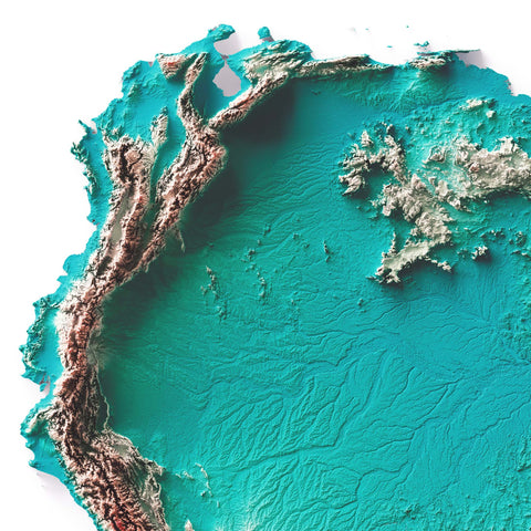 South America, Elevation tint - Spectral, 2D printed shaded relief map with 3D effect of South America with irid tint. Shop our beautiful fine art printed maps on supreme Cotton paper. Vintage maps digitally restored and enhanced with a 3D effect. VizCart from Vizart