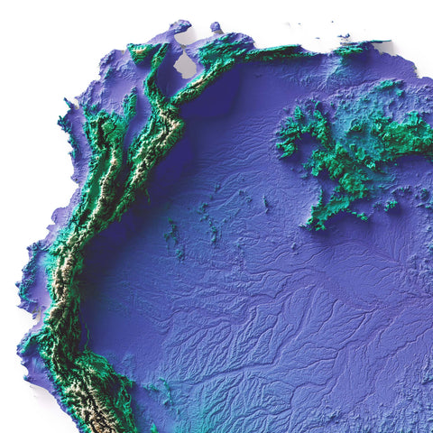 South America, Elevation tint - Viridis, 2D printed shaded relief map with 3D effect of South America with viridis tint. Shop our beautiful fine art printed maps on supreme Cotton paper. Vintage maps digitally restored and enhanced with a 3D effect. VizCart from Vizart