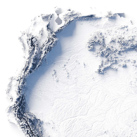 South America, Elevation tint - White, 2D printed shaded relief map with 3D effect of South America with monochrome white tint. Shop our beautiful fine art printed maps on supreme Cotton paper. Vintage maps digitally restored and enhanced with a 3D effect. VizCart from Vizart