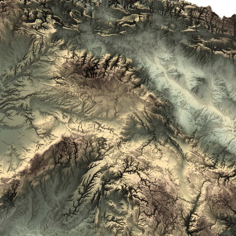 Spain, Elevation tint - Geo, 2D printed shaded relief map with 3D effect of Spain with geo hypsometric tint. Shop our beautiful fine art printed maps on supreme Cotton paper. Vintage maps digitally restored and enhanced with a 3D effect. VizCart from Vizart