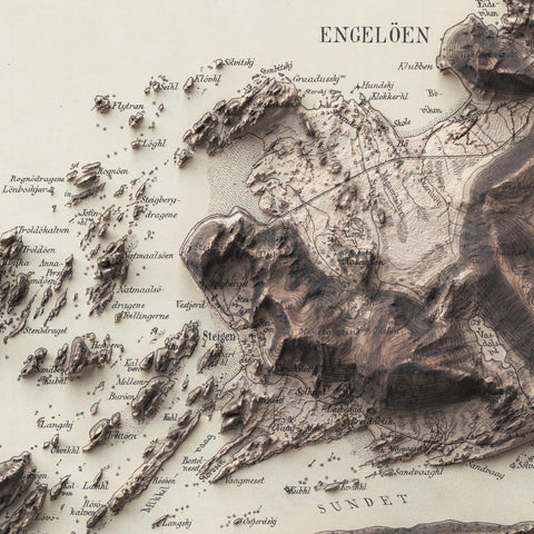 Steigen (Norway), Topographic map - 1902, 2D printed shaded relief map with 3D effect of a 1902 topographic map of Steigen (Norway). Shop our beautiful fine art printed maps on supreme Cotton paper. Vintage maps digitally restored and enhanced with a 3D effect. VizCart from Vizart