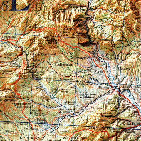 Tarragona (Spain), Topographic map - 1944, 2D printed shaded relief map with 3D effect of a 1944 topographic map of Burgos (Spain). Shop our beautiful fine art printed maps on supreme Cotton paper. Vintage maps digitally restored and enhanced with a 3D effect. VizCart from Vizart