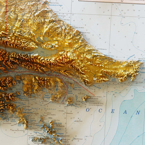 Tierra del Fuego (Chile and Argentina), Topographic map - 1964, 2D printed shaded relief map with 3D effect of a 1964 topographic map of Tierra del Fuego (Fireland, South America). Shop our beautiful fine art printed maps on supreme Cotton paper. Vintage maps digitally restored and enhanced with a 3D effect. VizCart from Vizart