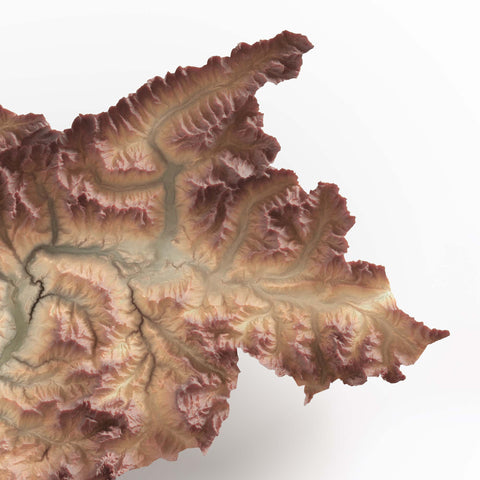Trentino Alto Adige (Italy), Elevation tint - Geo, 2D printed shaded relief map with 3D effect of Trentino-Alto Adige (Italy) with geo hypsometric tint. Shop our beautiful fine art printed maps on supreme Cotton paper. Vintage maps digitally restored and enhanced with a 3D effect. VizCart from Vizart