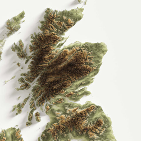 United Kingdom, Elevation tint - Geo, 2D printed shaded relief map with 3D effect of United Kingdom with geo hypsometric tint. Shop our beautiful fine art printed maps on supreme Cotton paper. Vintage maps digitally restored and enhanced with a 3D effect. VizCart from Vizart