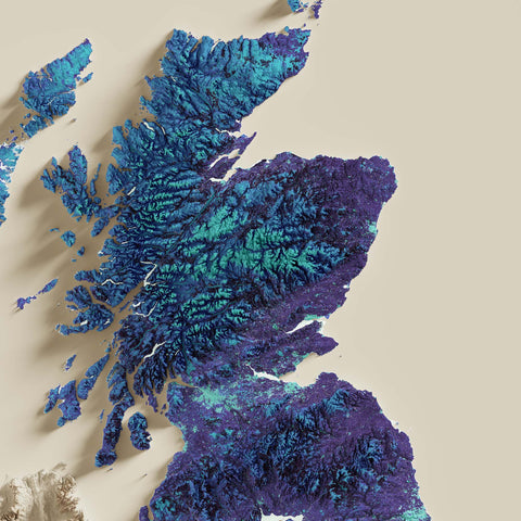 United Kingdom, Elevation tint - Viridis, 2D printed shaded relief map with 3D effect of United Kingdom with viridis hypsometric tint. Shop our beautiful fine art printed maps on supreme Cotton paper. Vintage maps digitally restored and enhanced with a 3D effect. VizCart from Vizart