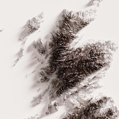 United Kingdom, Elevation tint - White, 2D printed shaded relief map with 3D effect of United Kingdom with monochrome white tint. Shop our beautiful fine art printed maps on supreme Cotton paper. Vintage maps digitally restored and enhanced with a 3D effect. VizCart from Vizart