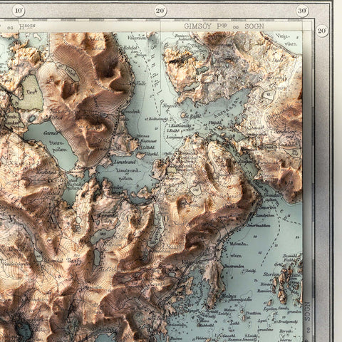 Vestvågøya (Lofoten Islands, Norway), Topographic map - 1907, 2D printed shaded relief map with 3D effect of a 1907 topographic map of Vestvagoya (Lofoten Islands, Norway). Shop our beautiful fine art printed maps on supreme Cotton paper. Vintage maps digitally restored and enhanced with a 3D effect. VizCart from Vizart