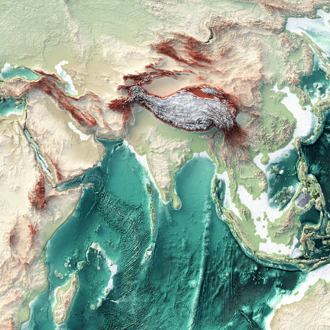 World Bathymetric, Elevation tint - Geo, 2D printed shaded relief map with 3D effect of World with geo hypsometric tint. Shop our beautiful fine art printed maps on supreme Cotton paper. Vintage maps digitally restored and enhanced with a 3D effect. VizCart from Vizart