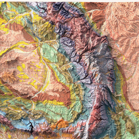Wyoming (USA), Geological map - 1985, 2D printed shaded relief map with 3D effect of a 1985 geological map of Wyoming (USA). Shop our beautiful fine art printed maps on supreme Cotton paper. Vintage maps digitally restored and enhanced with a 3D effect. VizCart from Vizart