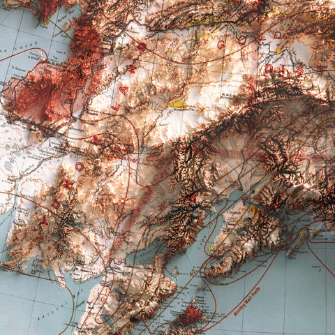 Alaska (USA), Topographic map - 1898, 2D printed shaded relief map with 3D effect of a 1898 topographic map of Alaska (USA). Shop our beautiful fine art printed maps on supreme Cotton paper. Vintage maps digitally restored and enhanced with a 3D effect. VizCart from Vizart