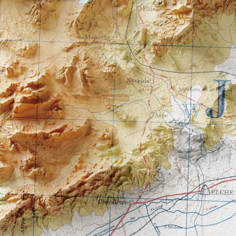 Alicante (Spain), Topographic map - 1944, 2D printed shaded relief map with 3D effect of a 1944 topographic map of Alicante (Spain). Shop our beautiful fine art printed maps on supreme Cotton paper. Vintage maps digitally restored and enhanced with a 3D effect. VizCart from Vizart