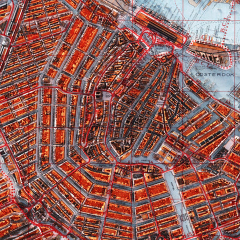 Amsterdam (The Netherlands), City map - 1914, 2D printed shaded relief map with 3D effect of a 1914 city map of Amsterdam. Shop our beautiful fine art printed maps on supreme Cotton paper. Vintage maps digitally restored and enhanced with a 3D effect. VizCart from Vizart