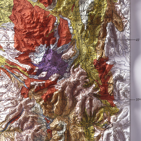 Alta Cordillera de los Andes (Chile), Geological map - 1964, 2D printed shaded relief map with 3D effect of a 1964 geological map of Andes (Alta Cordillera de los Andes, Chile). Shop our beautiful fine art printed maps on supreme Cotton paper. Vintage maps digitally restored and enhanced with a 3D effect. VizCart from Vizart