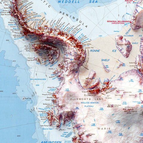Antarctica, Topographic map - 1986, 2D printed shaded relief map with 3D effect of a 1986 topographic map of Antarctica, with McDonald Islands and Heard Island and Macquarie Island inset. Shop our beautiful fine art printed maps on supreme Cotton paper. Vintage maps digitally restored and enhanced with a 3D effect. VizCart from Vizart