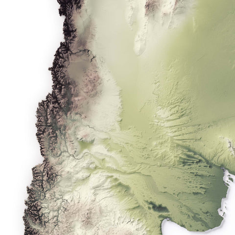 Argentina, Elevation tint - Geo, 2D printed shaded relief map with 3D effect of Argentina with geo tint. Shop our beautiful fine art printed maps on supreme Cotton paper. Vintage maps digitally restored and enhanced with a 3D effect. VizCart from Vizart