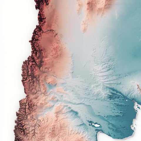 Argentina, Elevation tint - Irid, 2D printed shaded relief map with 3D effect of Argentina with irid tint. Shop our beautiful fine art printed maps on supreme Cotton paper. Vintage maps digitally restored and enhanced with a 3D effect. VizCart from Vizart
