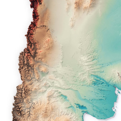 Argentina, Elevation tint - Spectral, 2D printed shaded relief map with 3D effect of Argentina with spectral tint. Shop our beautiful fine art printed maps on supreme Cotton paper. Vintage maps digitally restored and enhanced with a 3D effect. VizCart from Vizart