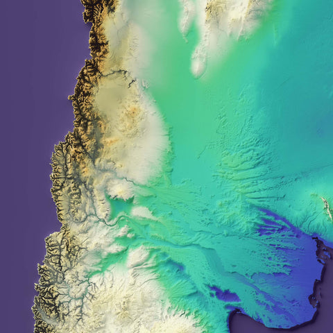 Argentina, Elevation tint - Viridis, 2D printed shaded relief map with 3D effect of Argentina with viridis tint. Shop our beautiful fine art printed maps on supreme Cotton paper. Vintage maps digitally restored and enhanced with a 3D effect. VizCart from Vizart