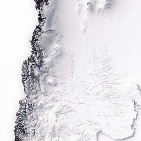 Argentina, Elevation tint - White, 2D printed shaded relief map with 3D effect of Argentina with white tint. Shop our beautiful fine art printed maps on supreme Cotton paper. Vintage maps digitally restored and enhanced with a 3D effect. VizCart from Vizart